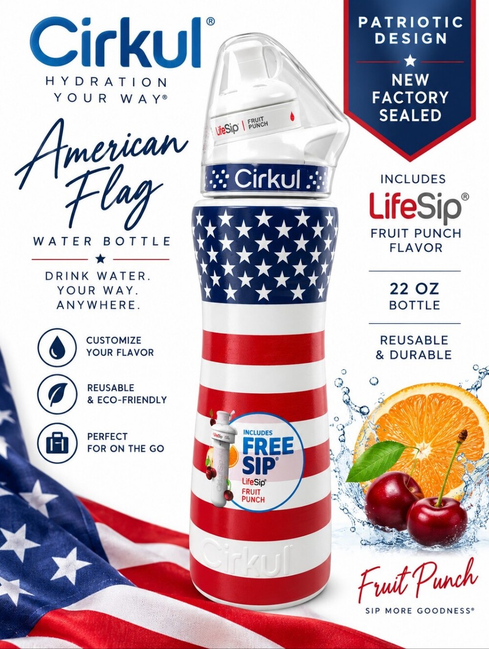 RARE Cirkul American Flag Patriotic Water Bottle LifeSip Fruit Punch NEW Sealed